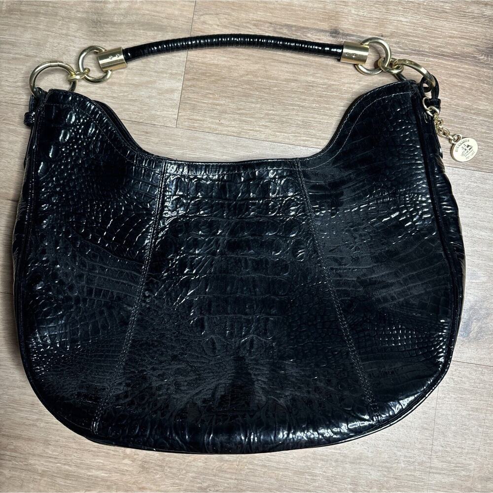 BRAHMIN Carmela Melbourne croc embossed leather hobo shoulder bag purse Black